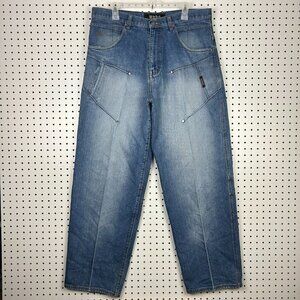 webs Riveted Wide Leg Denim Jeans 36x32 Y2K Blue Stitched Streetwear Skate Baggy